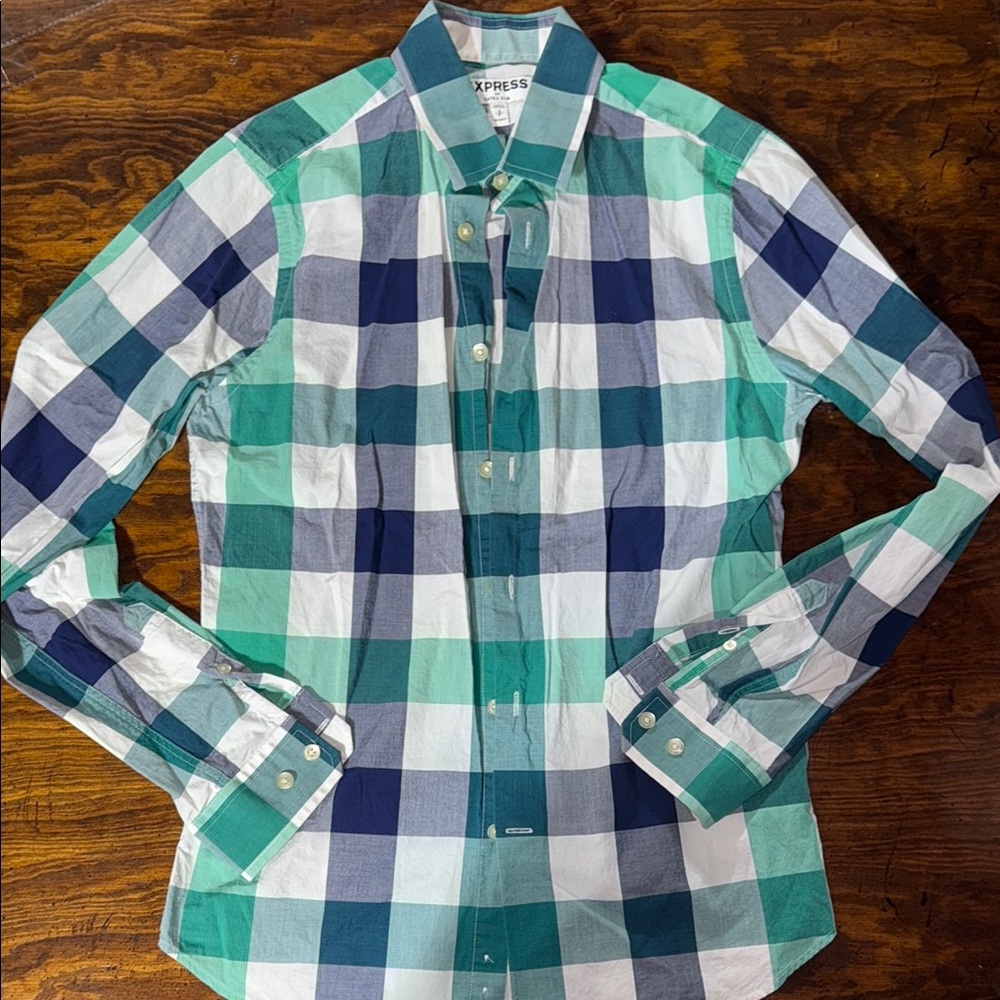 Express Men's Green and Blue Checkered Shirt